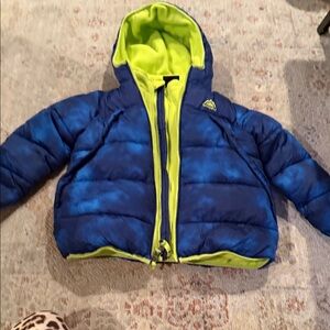 Snozu Kids Puffer Jacket in Blue and Neon Yellow